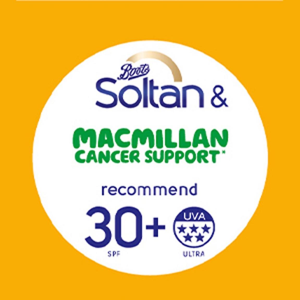 Boots Soltan & Macmillan Cancer Support recommend 30+ SPF, UVA Ultra logo on an orange background