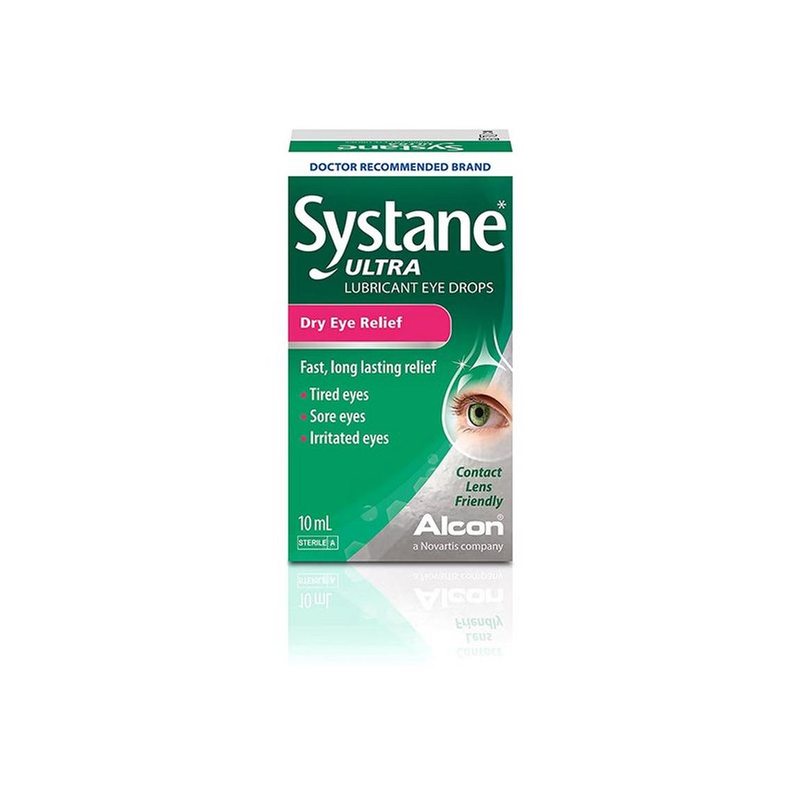 Box of Systene Ultra Lubricant Eye Drops with product details and an image of an eye.