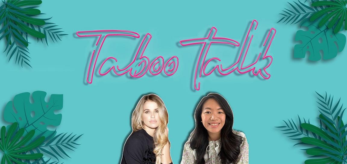 A neon pink sign with the text "Taboo Talk". Tropical leaves and two women against a turquoise background