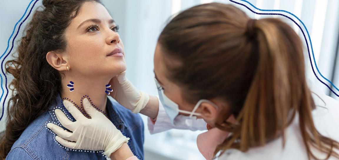 A doctor examines a patient's neck, highlighting specific areas with blue markings