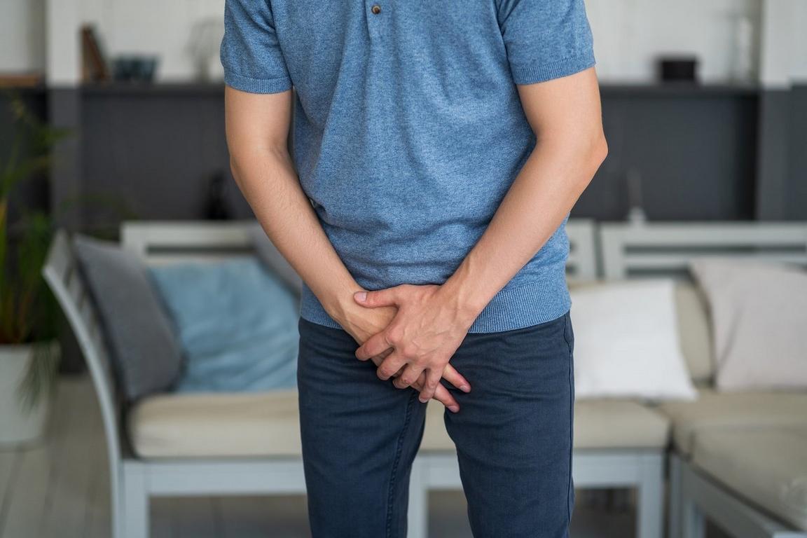 A man stood up with his hands covering his jeans