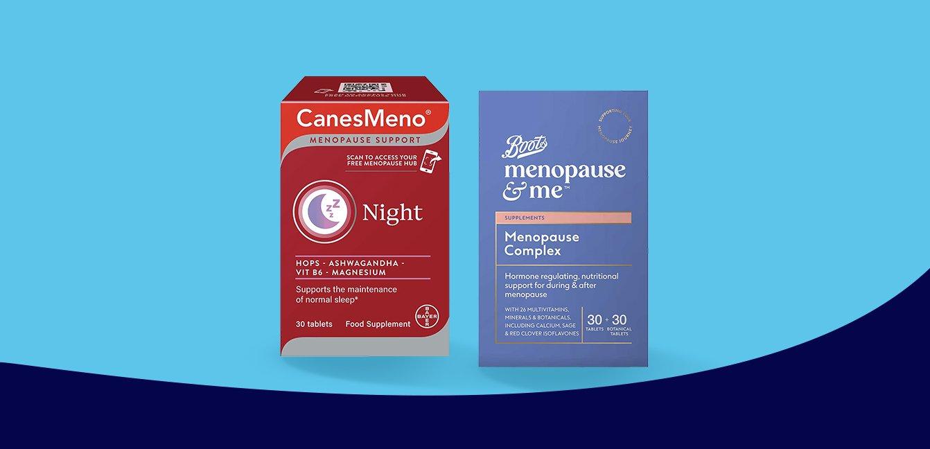 Two boxes of menopause support supplements against a blue background: CanesMeno Night in red and Boots Menopause Complex in purple.