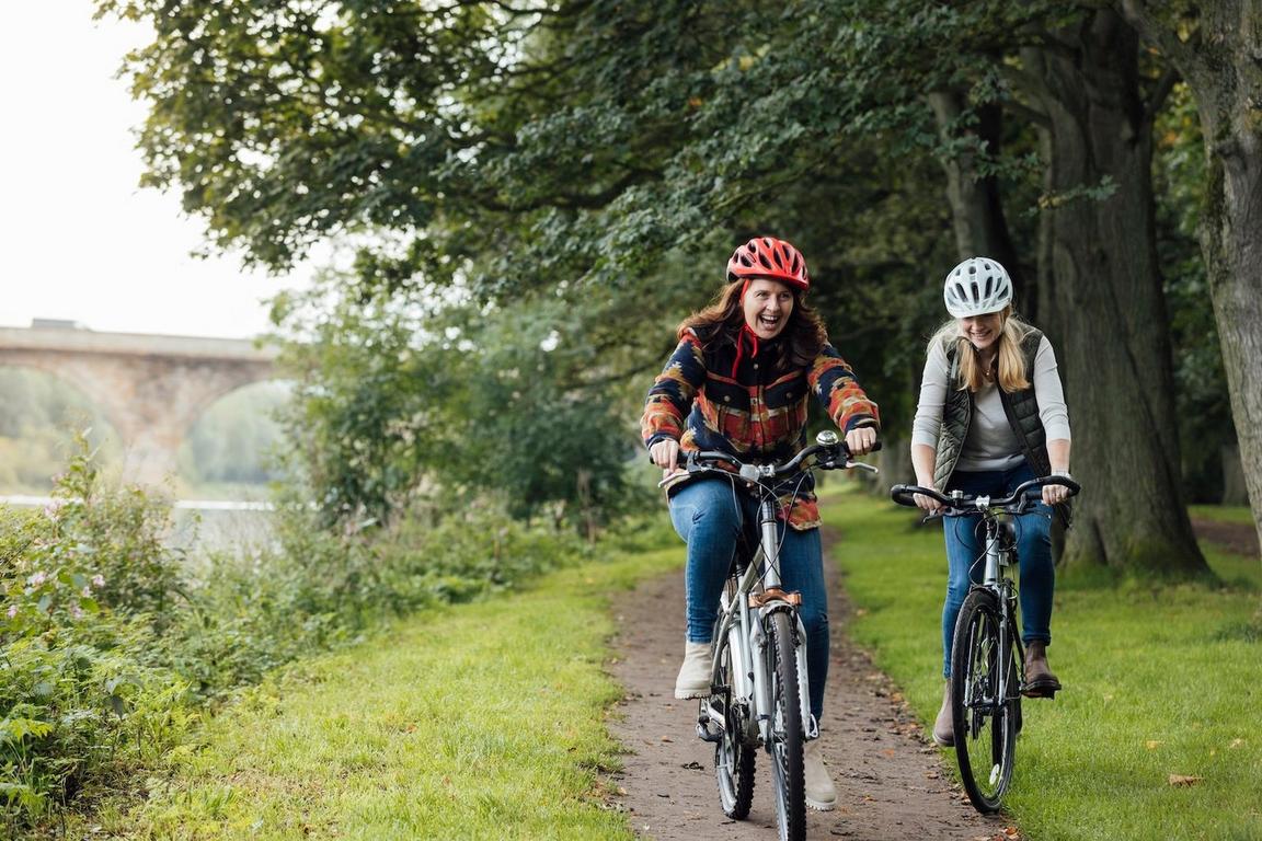 Two people riding bikes on a mud path lined with trees