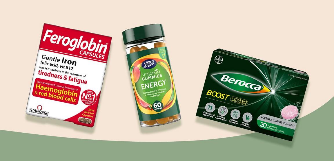 Three vitamin products on a beige and green background.