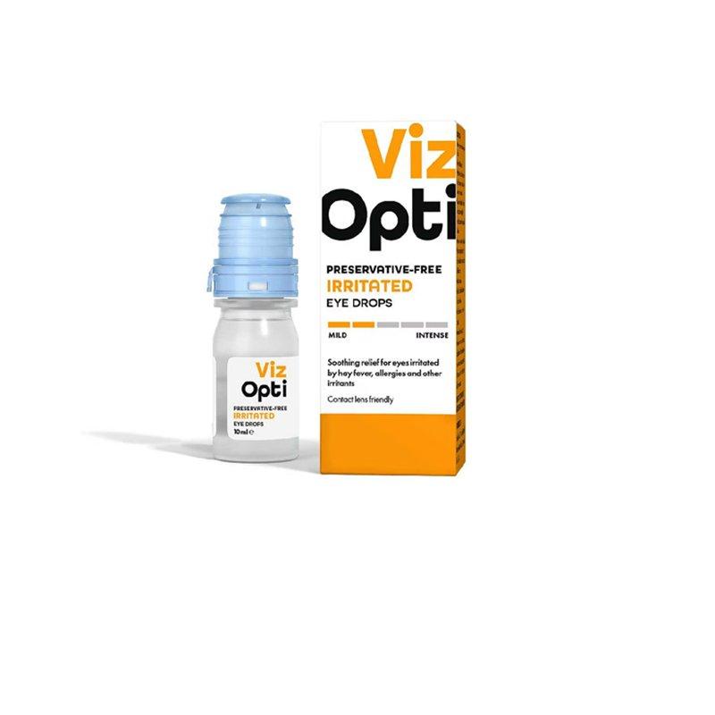 A bottle of Viz Opti eye drops next to its packaging box.