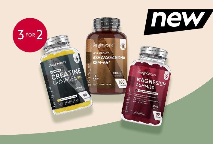 Three weightworld products on a beige and green background