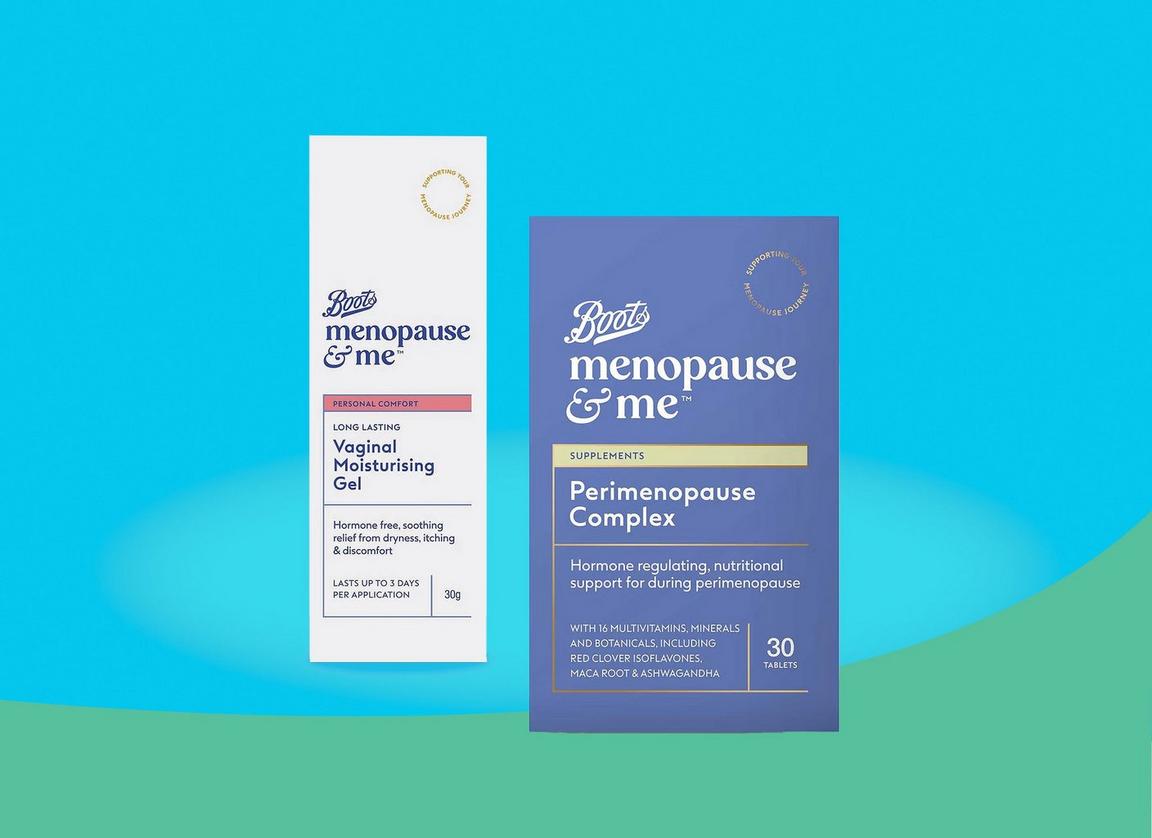 2 Boots Menopause products sat on a blue and green background